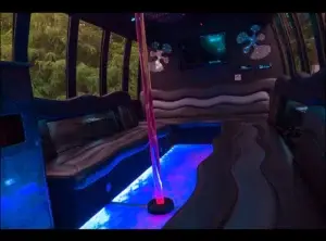 Spacious interior of a 16-passenger party bus with colorful lighting and comfortable seating.