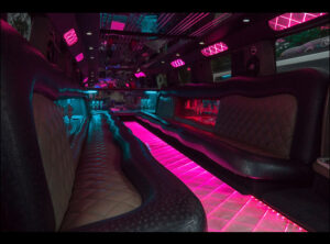 Interior of a spacious 22-passenger party bus with vibrant lighting and comfortable seating.