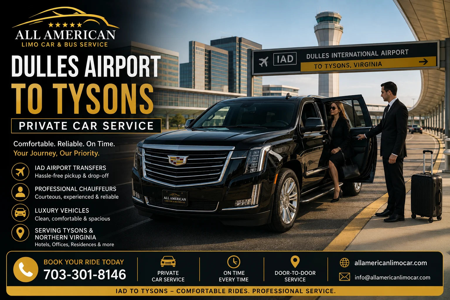 Dulles Airport to Tysons private car service with luxury SUV and chauffeur