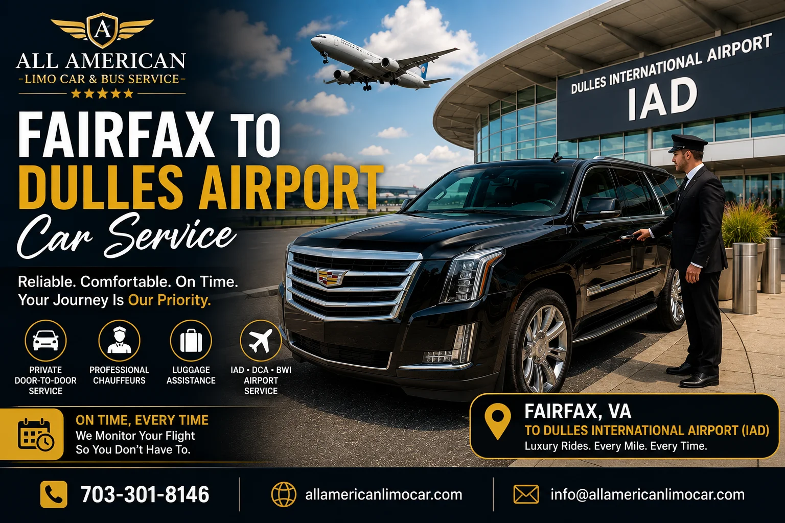 Fairfax to Dulles Airport car service with luxury black SUV