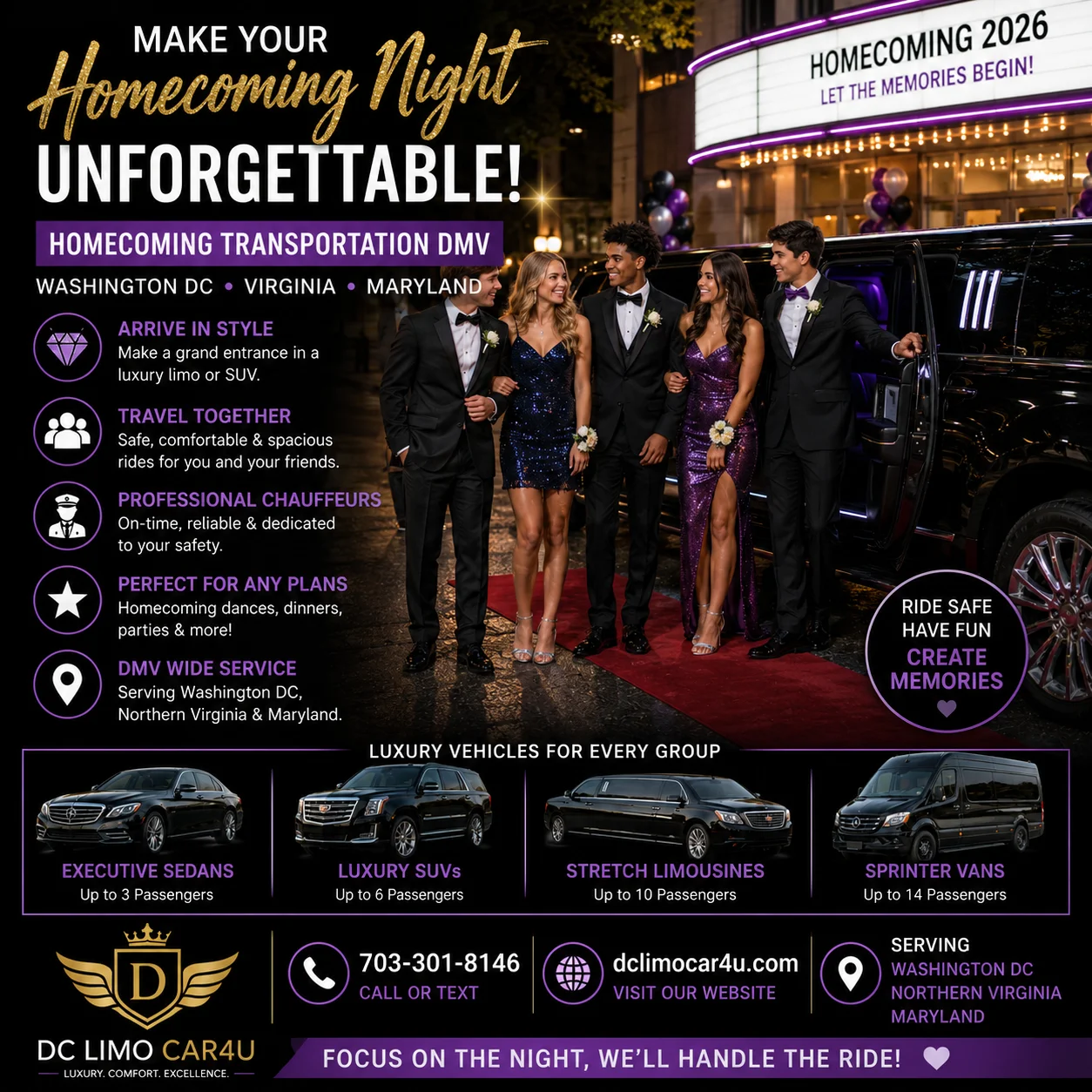 Luxury limousine and chauffeur providing Homecoming Transportation DMV
