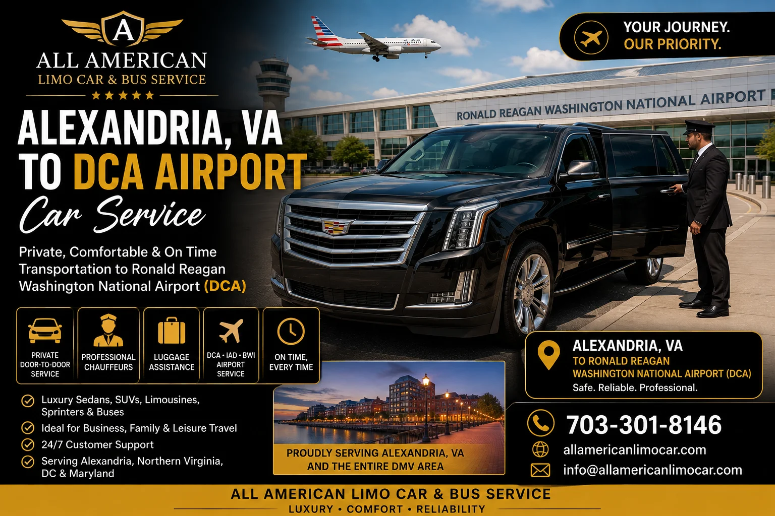 Alexandria VA to DCA airport car service with luxury black SUV