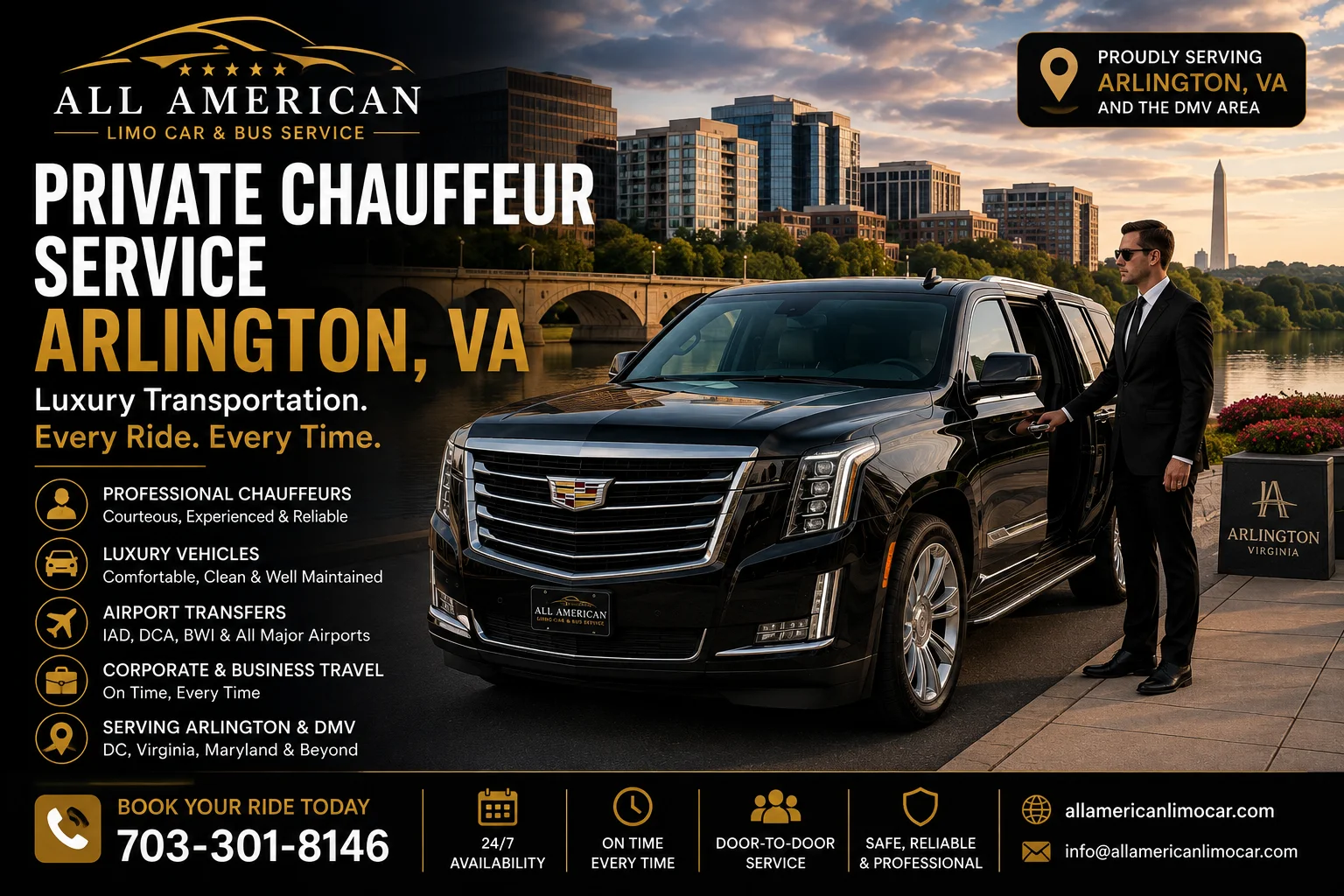 Private chauffeur service in Arlington Virginia with luxury black SUV