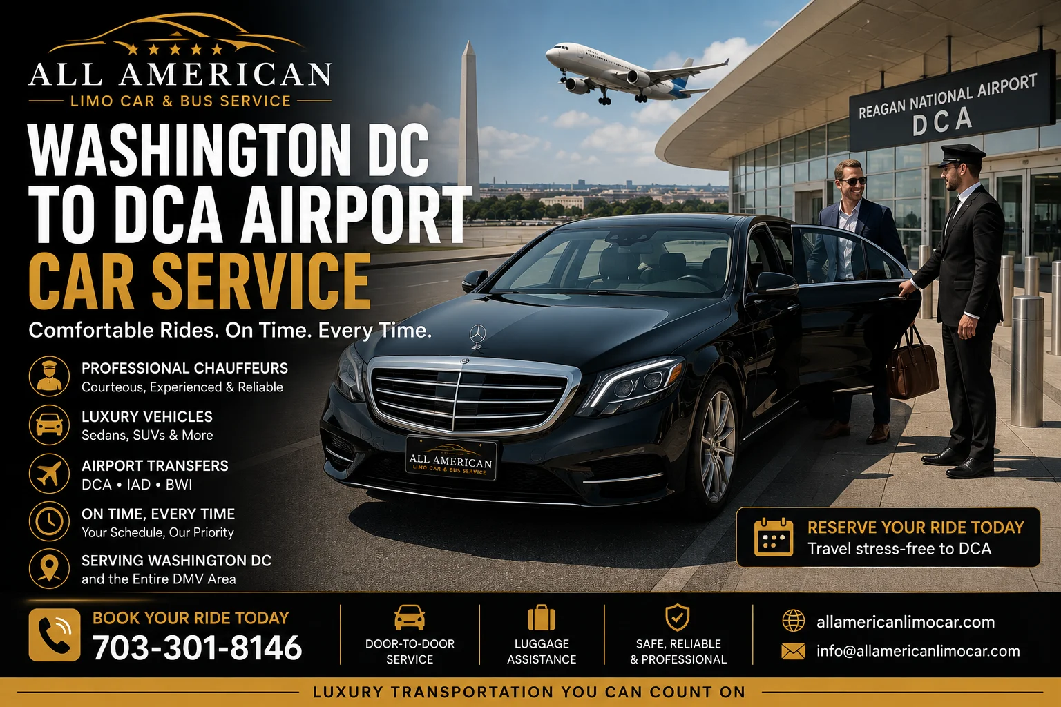 Washington DC to DCA airport car service with luxury black SUV