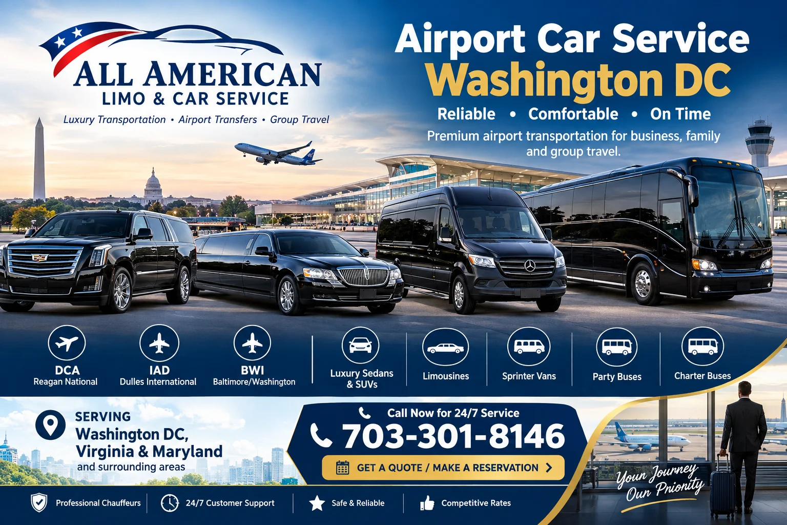 Airport car service in Washington DC with luxury SUVs, limousines, Sprinter vans, and charter buses