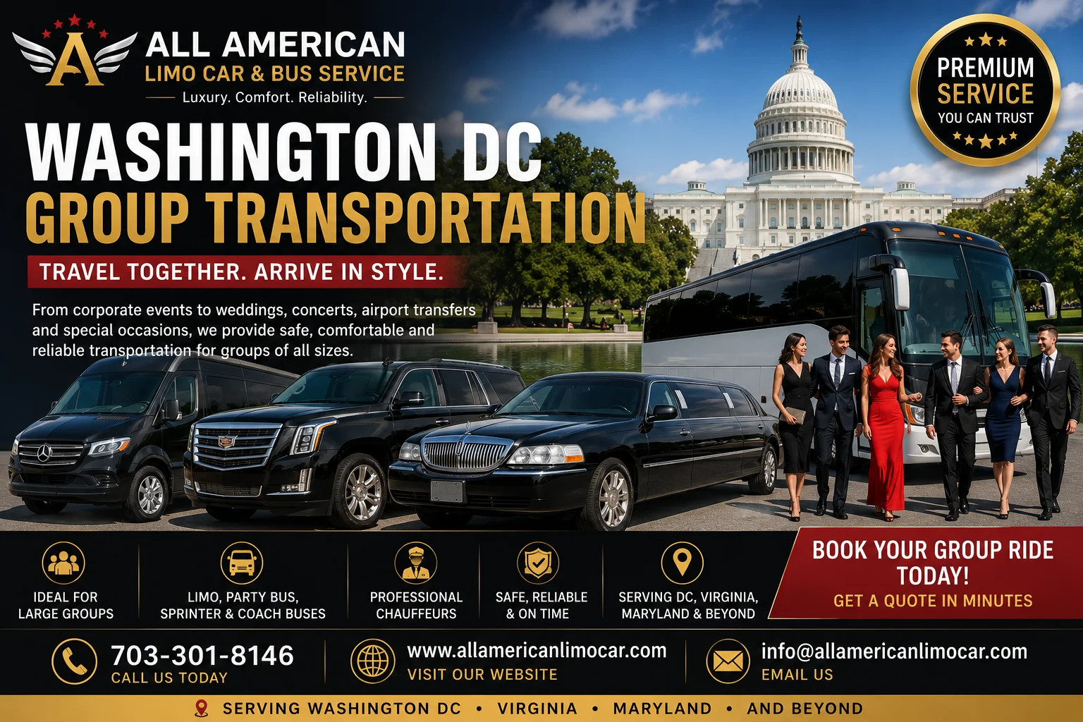 Washington DC group transportation with luxury limo and charter bus