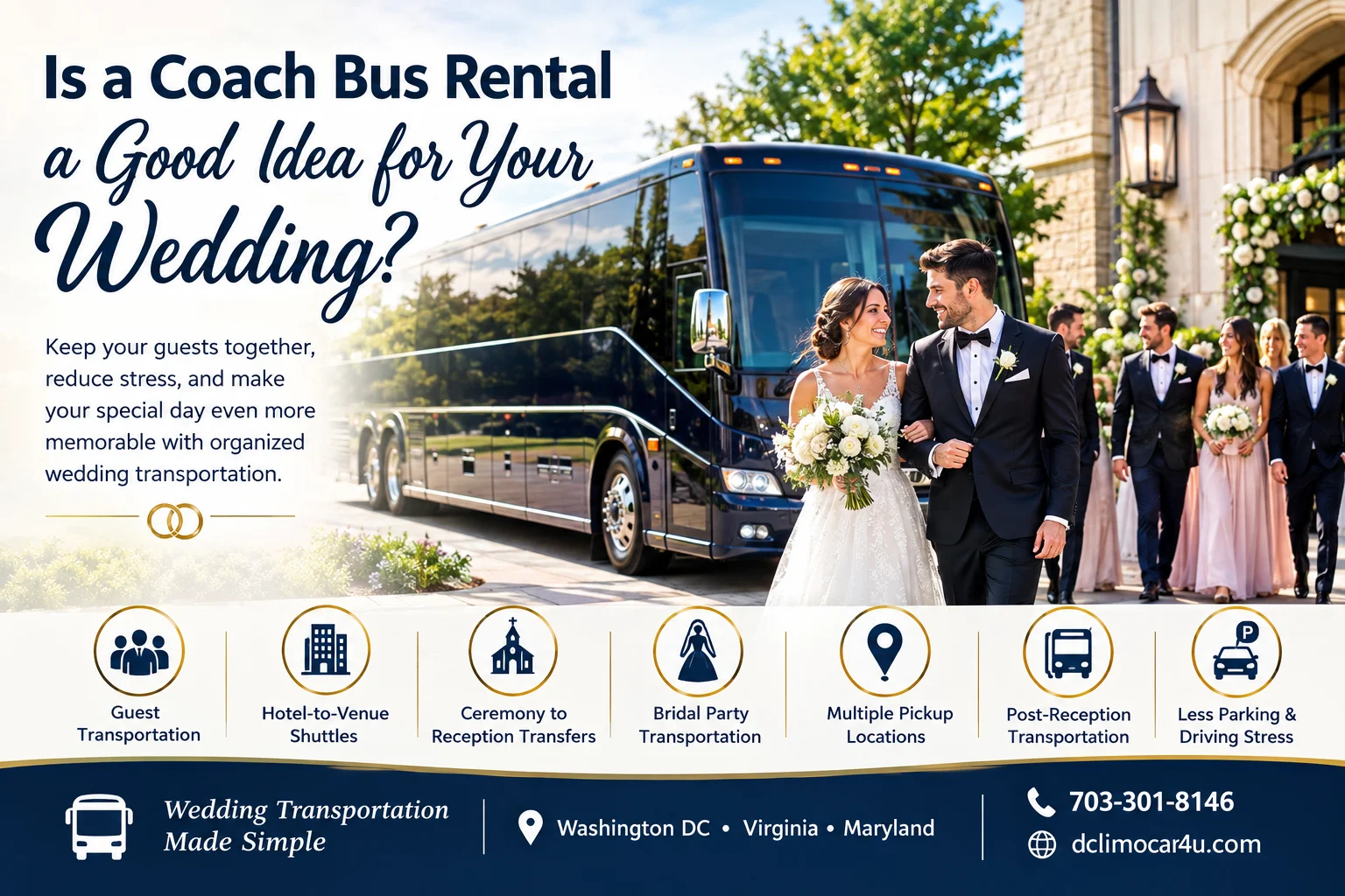 Wedding coach bus rental and group transportation in Washington DC Virginia Maryland