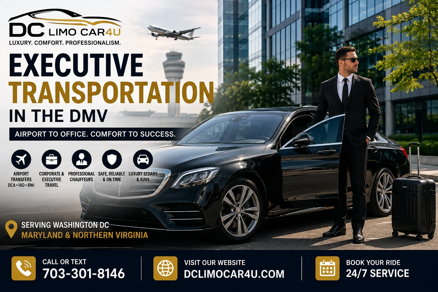 Corporate transportation Washington DC with luxury executive vehicle and chauffeur