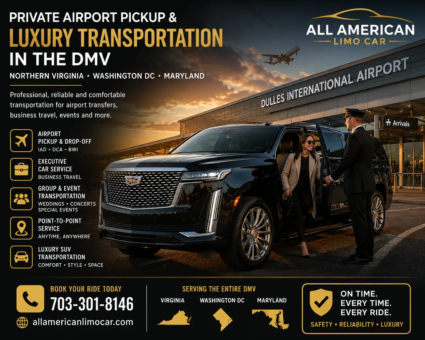 Private airport pickup and luxury SUV transportation in Northern Virginia