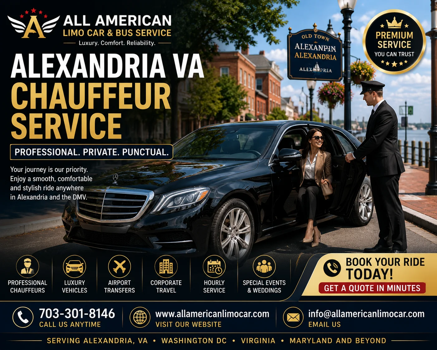 Alexandria VA chauffeur service with luxury black car and professional chauffeur in Old Town Alexandria