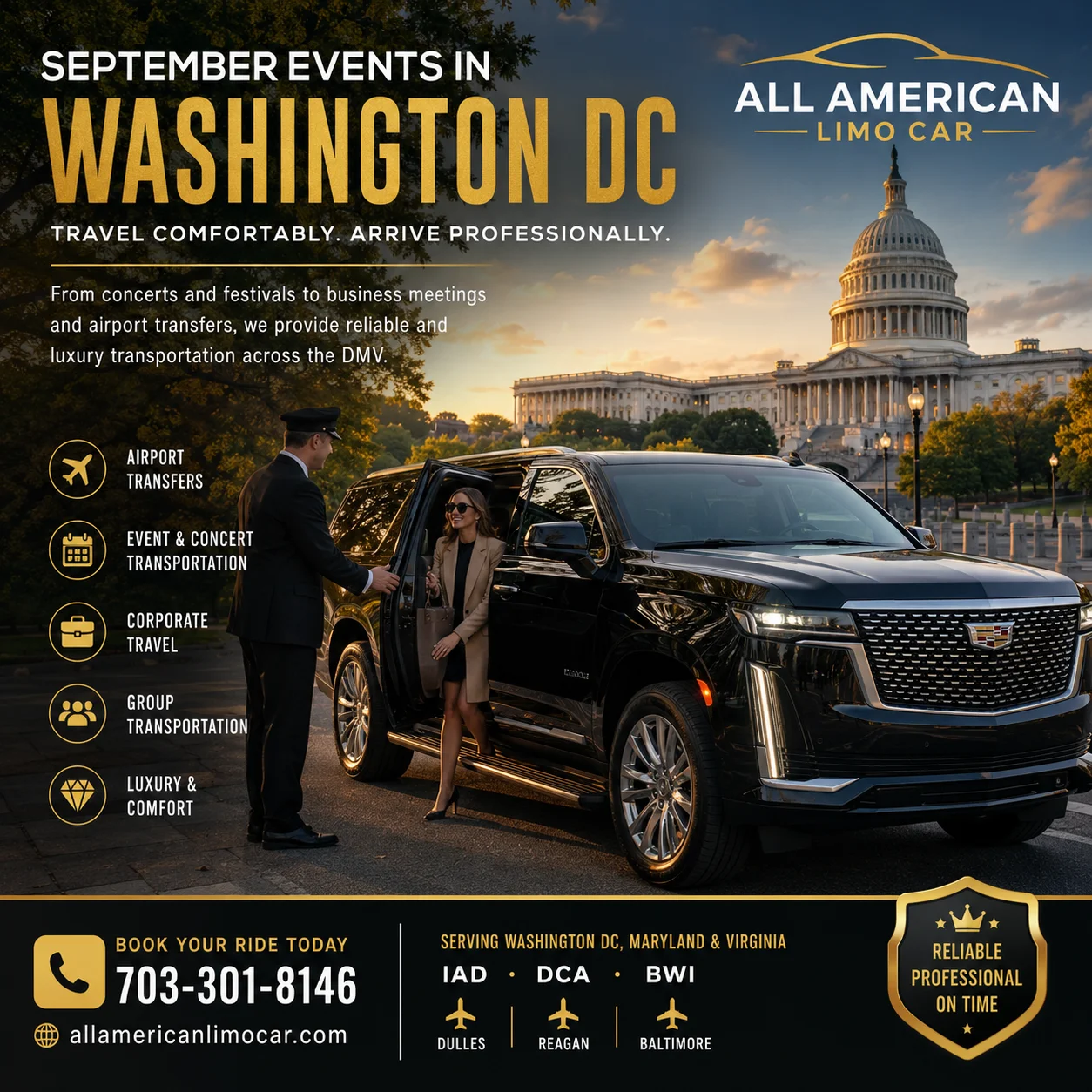 Luxury black SUV providing transportation for September events in Washington DC