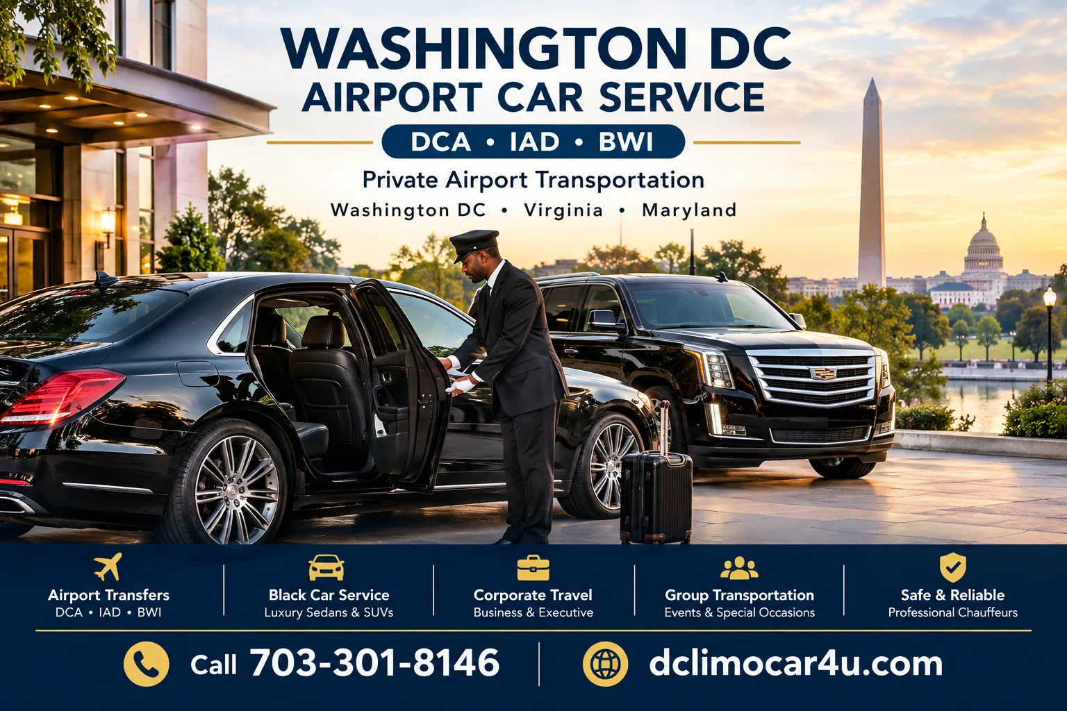 Washington DC airport transportation with luxury black car and SUV for DCA IAD and BWI