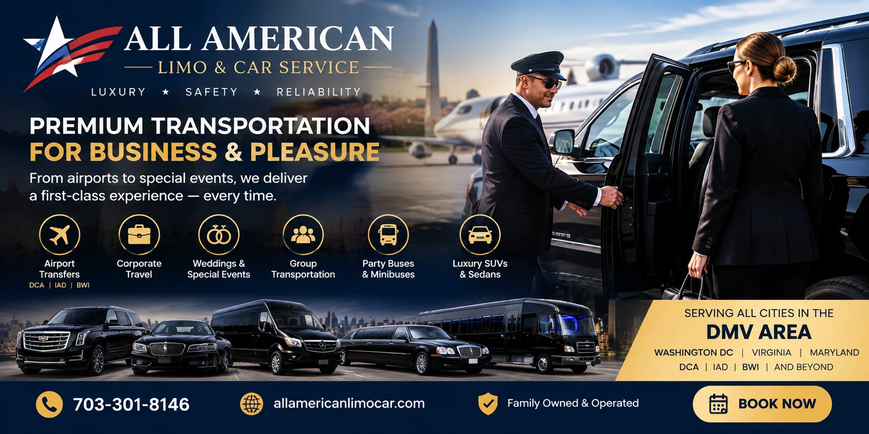 All American Limo & Car Service luxury SUV and chauffeur at airport in Washington DC