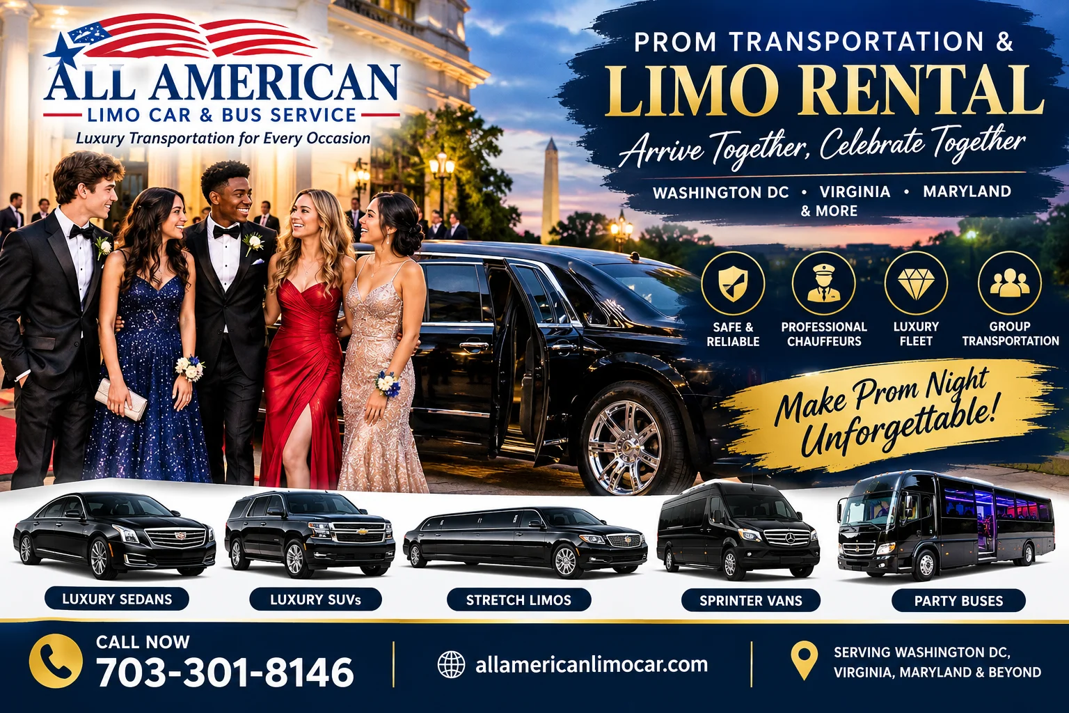 Prom limo rental in Washington DC with professionally chauffeured luxury transportation