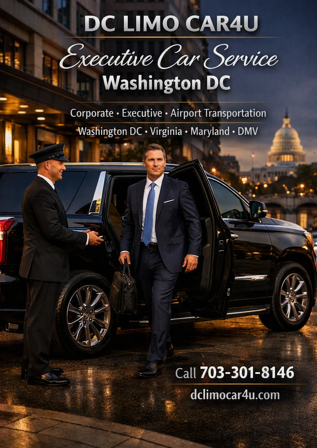 Executive car service Washington DC with a luxury black SUV and professional chauffeur